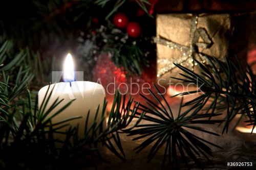 Christmas still life with snow candles and christmas decorations - 900659031