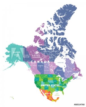 colored map of USA, Canada and Mexico states