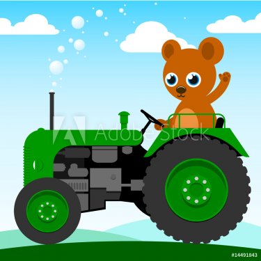 Cute bear driving an old tractor