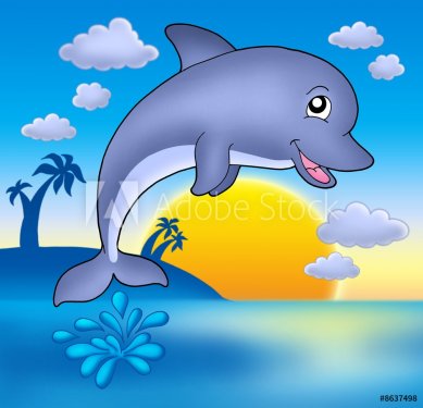 Cute dolphin with sunset