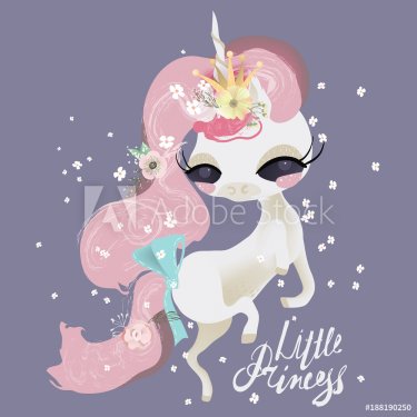Cute dreaming baby unicorn girl princess with flowers and tied bow. Little Princess lettering