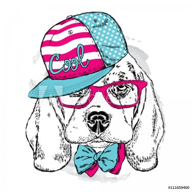 Cute puppy wearing a cap , sunglasses and tie . Vector illustration. portrait of a dog for postcards, prints on clothes or accessories .