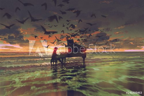 digital art of the man playing piano among crowd of birds on the beach at sunset, illustration painting