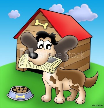 Dog with news in front of kennel - 900492186