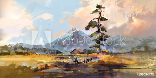 drawn by sketch landscape with a house and pine - 901153527