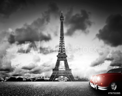 Effel Tower, Paris, France and retro red car. Black and white - 901152814