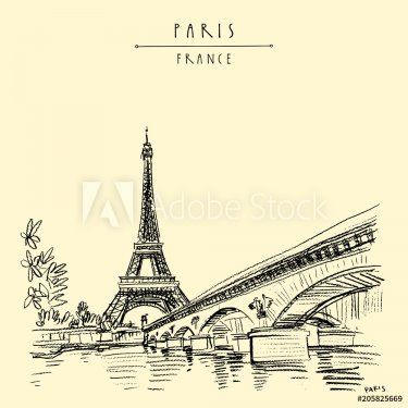 Eiffel Tower in Paris, France. Vintage hand drawn touristic postcard - 901154019