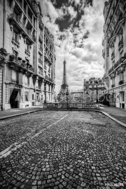 Eiffel Tower seen from the street in Paris, France. Black and white - 901152815