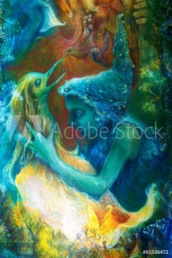 fairy child and a phoenix bird, fantasy imagination colorful pai - 901146351