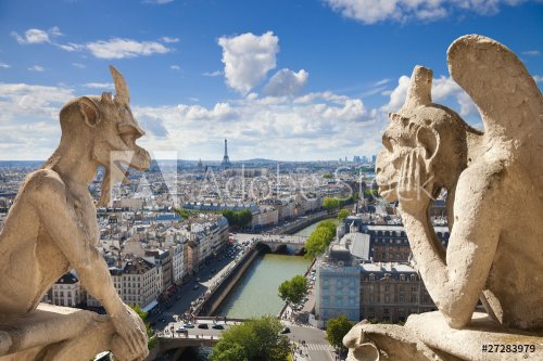 Famous gargoyles of Notre Dame overlooking Paris (compos) - 900130225