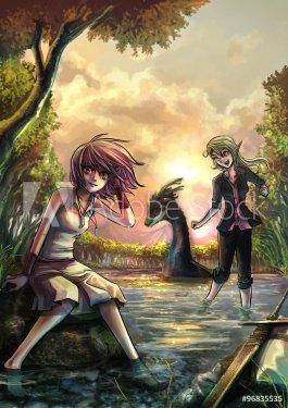 Fantasy cartoon girls character and dragon pet resting on riverside bank in t... - 901148261