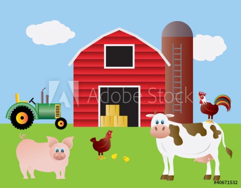 Farm with Red Barn Tractor and Animals - 900454473