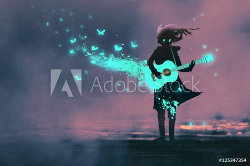 girl playing guitar with a blue light and glowing butterflies,illustration painting