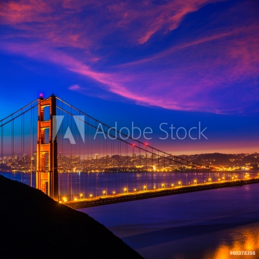 Golden Gate Bridge San Francisco sunset through cables - 901141329