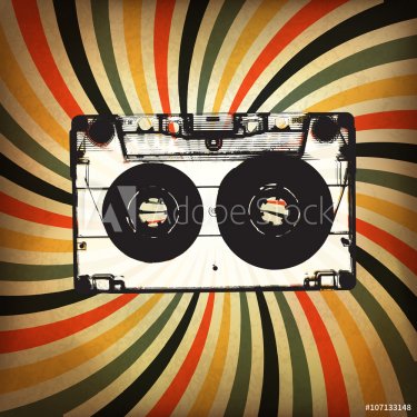 Grunge music background. Audio cassette illustration on rays - 901148101
