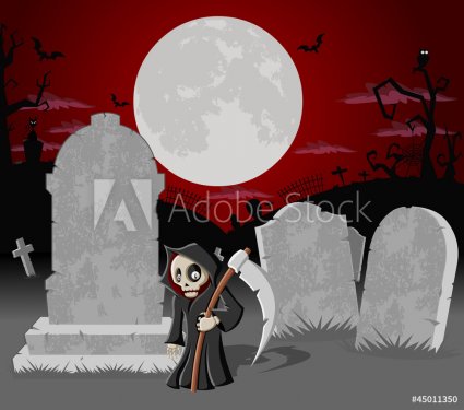 Halloween cemetery with tombs and cartoon death character