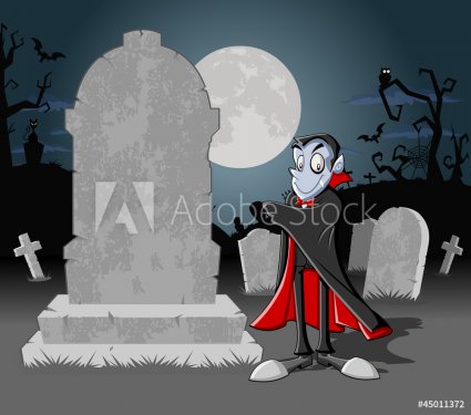 Halloween cemetery with tombs and cartoon vampire character