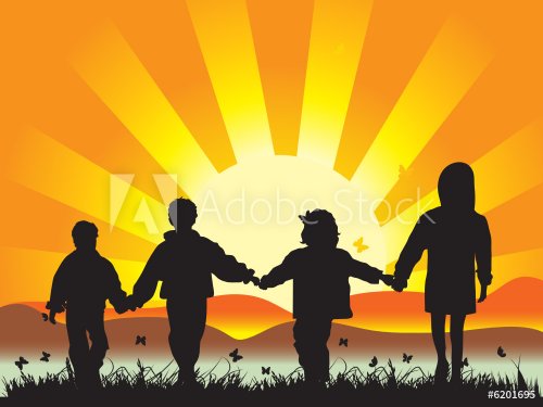 Happy children walk on meadow having joined hands - 900459968