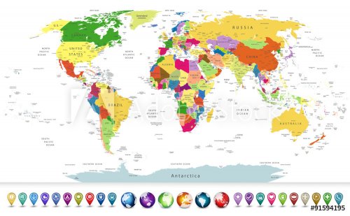 Highly detailed political world map with a glossy navigation set - 901147003