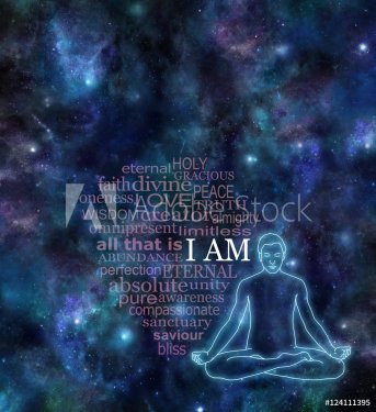 I AM Meditation Word Cloud  - Night sky deep space background dark banner with  male lotus position glowing silhouette on right side and a transparent word cloud surrounding I AM in white