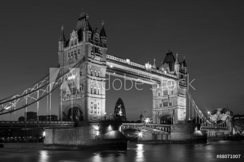 Illuminated Tower Bridge at night in black and white, London, UK - 901152942