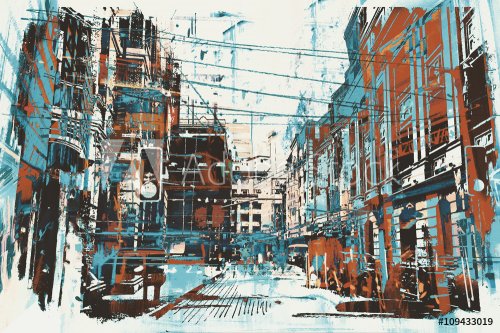illustration painting of urban street with grunge texture - 901153676