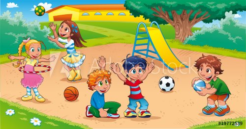 Kids in the playground. Funny cartoon and vector scene. - 900455722