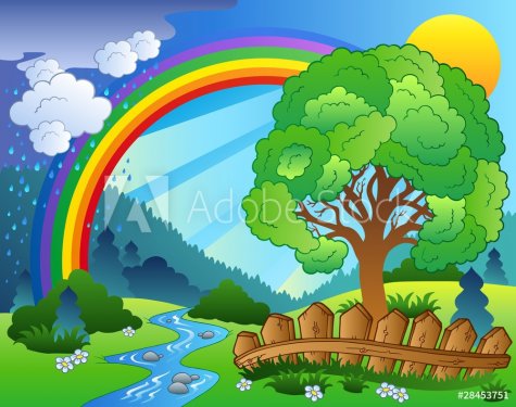 Landscape with rainbow and tree