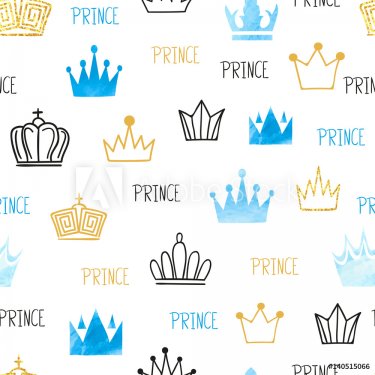 Little prince seamless pattern in blue and golden colors. Vector background with watercolor and glittering crowns