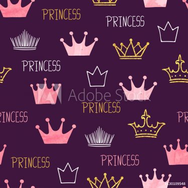 Little princess seamless pattern with watercolor and glittering crowns. Vecto... - 901151552