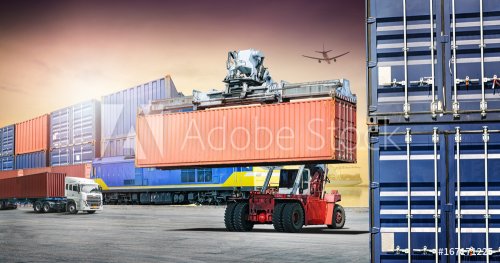Logistics import export background and transport industry of forklift handling container box loading at port