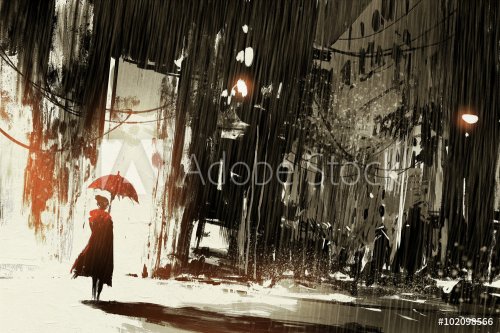 lonely woman with umbrella in abandoned city,digital painting - 901153724