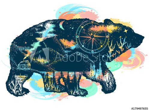 Magic bear double exposure color tattoo art. Mountains, compass. Bear grizzly silhouette t-shirt design. Tourism symbol, adventure, great outdoor