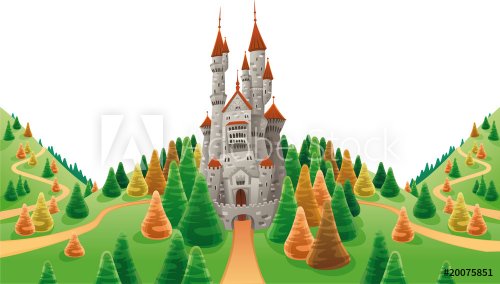 Medieval castle in the land. Cartoon and vector illustration