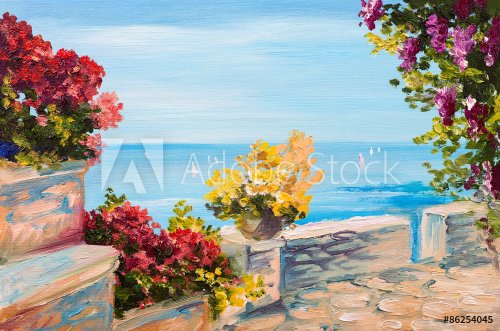 Oil painting landscape - terrace near the sea, flowers - 901145710