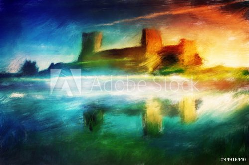 Old castle painting, magical sunset - 901139438