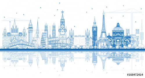 Outline Famous Landmarks in Europe with Reflections.