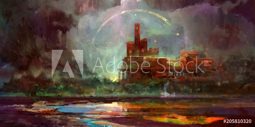 painted in bright fantasy landscape with castle - 901153461