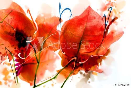 painted pink and orange bougainvillea flowers watercolor style series.