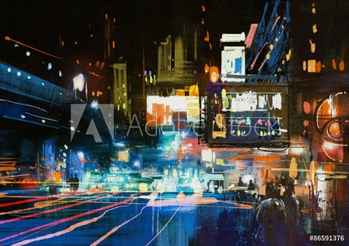 painting of modern urban city at night ,illustration