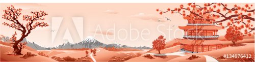 Panorama of nature, Asia Palace, volcano, mountains, rivers, and hills with trees. The Sakura flowers. Vector illustration
