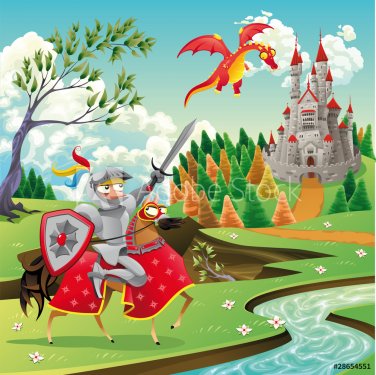 Panorama with castle, dragon and knight. Vector illustration - 900454613