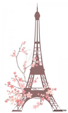 paris spring - eiffel tower among flower branches vector design