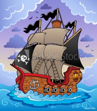 Pirate ship in stormy sea - 900491958