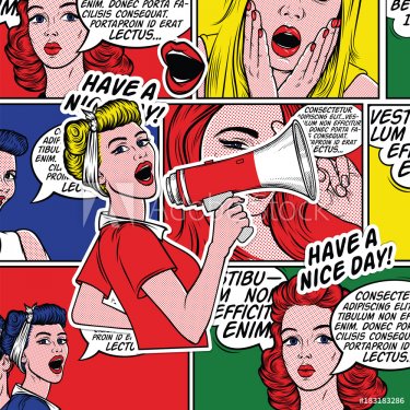 Pop art girl with megaphone. Woman with loudspeaker.Girl announcing discount or sale.Shopping time.Protest, meeting, feminism, woman rights, woman protest, girl power. Pop art background,Special offer
