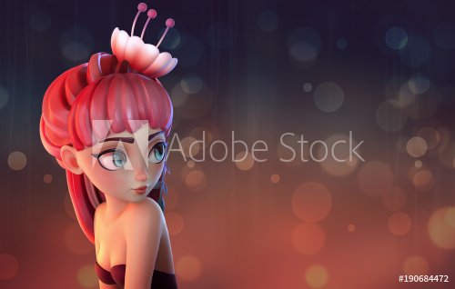 Portrait of a charming young girl with long red hair on a blurred background with bokeh. Cartoon girl with a flower and leaves in the hair. Pin up girl smiling with dreamy expression. 3d rendering.