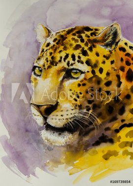 Portrait of Jaguar (Panthera onca). Picture created with watercolors. - 901153751