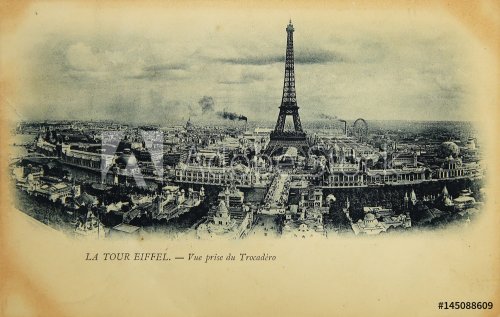 Rare vintage postcard with view on Eiffel Tower from Trocadero in Paris, France, circa 1900