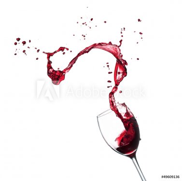 Red wine splashing from glass, isolated on white background - 901147978