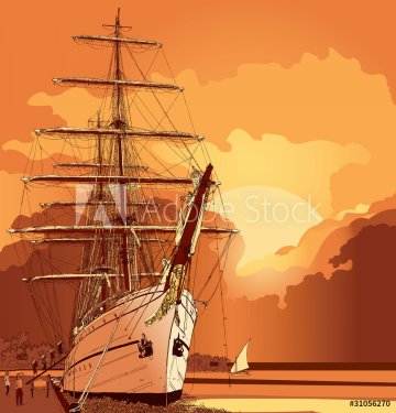 sailing boat at sunset - 900472317